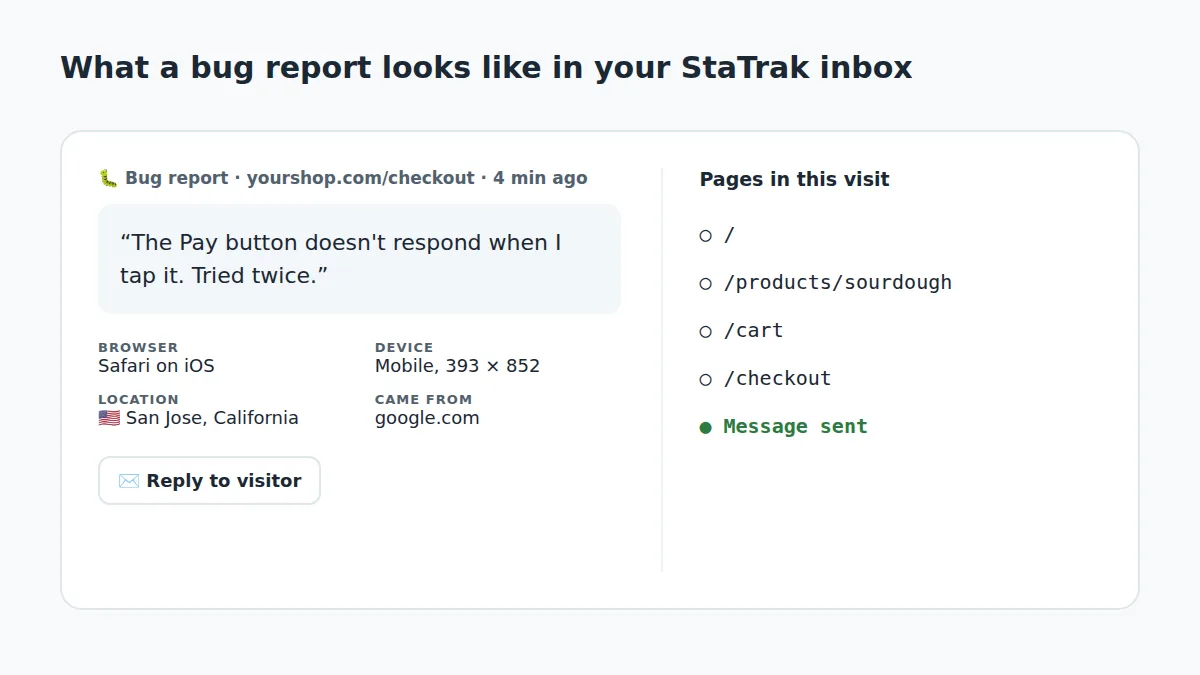 A bug report in the StaTrak inbox with the visitor's message, browser, device, location and the pages they viewed before sending it